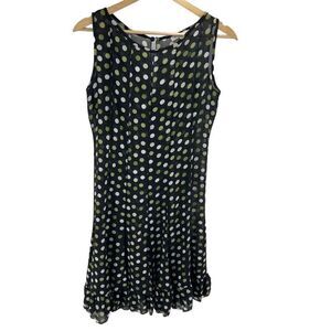 Sandra Darren Womens Polka Dots Dress Sheer Sleeveless Ruffle Black Green 6P